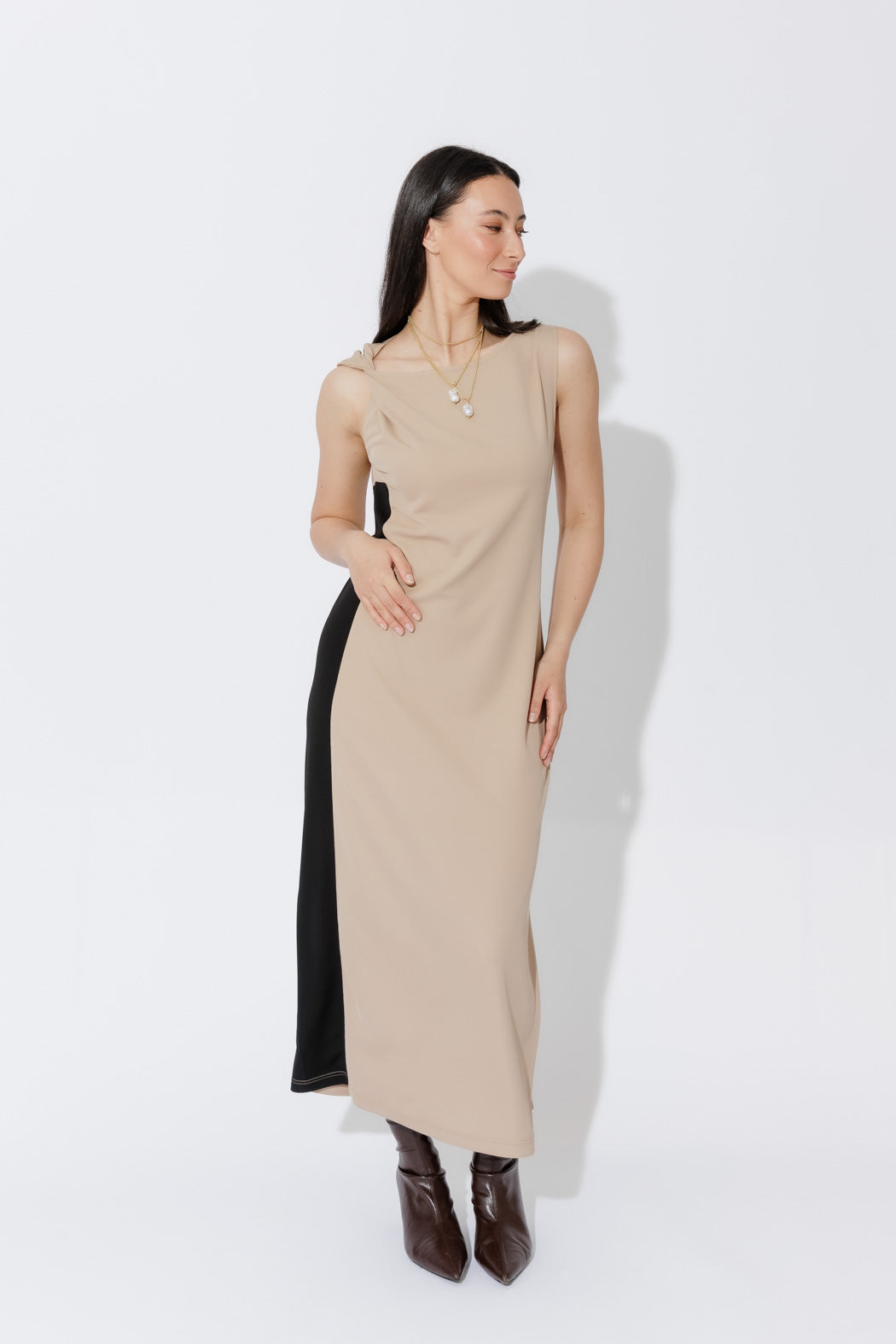 Beige Twist Shoulder Dress
