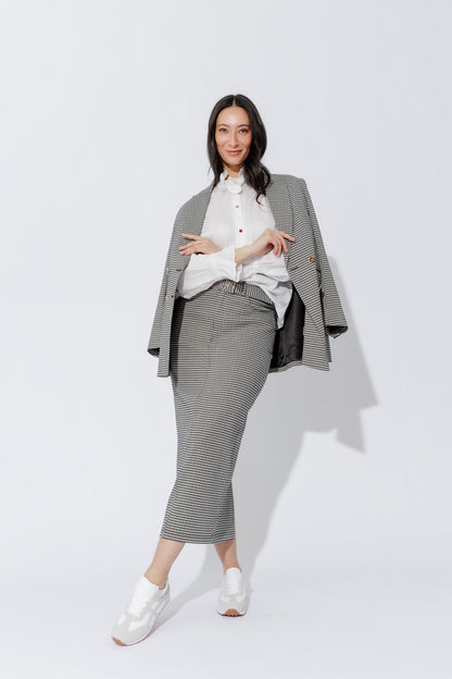 Black/White Lurex Belted Midi Skirt