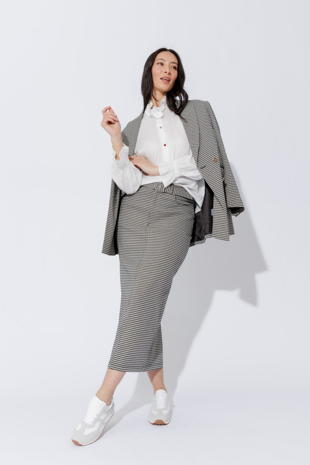 Black/White Lurex Belted Midi Skirt