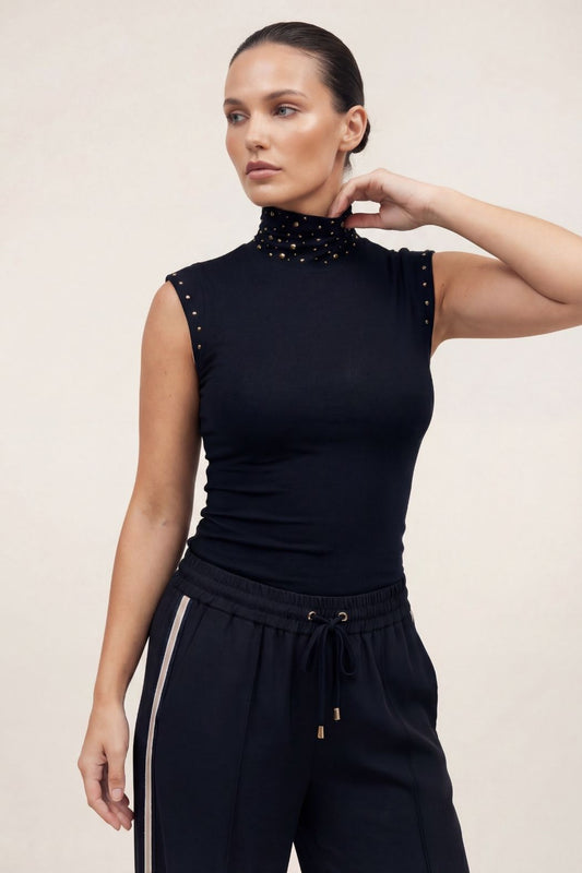 Black Tencel Stud High Neck Cami