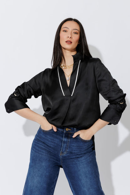 Black Piped Collar Blogger Shirt
