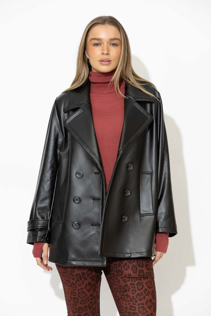 Black Faux Leather Pea Coat