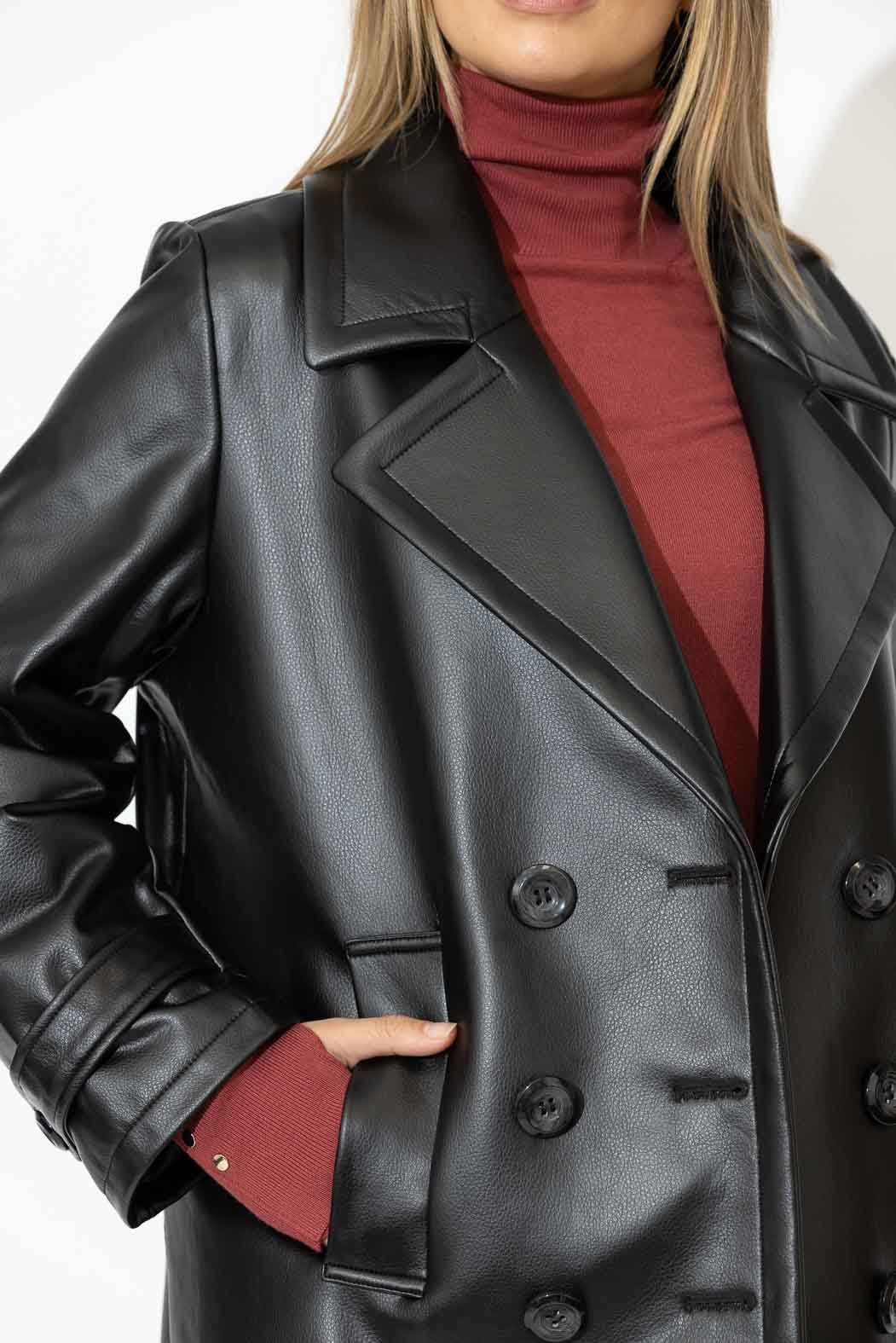Black Faux Leather Pea Coat