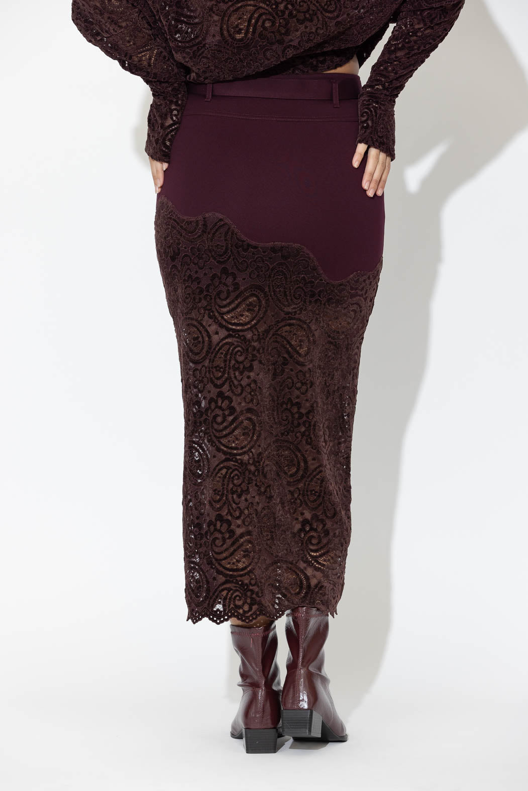 Burgundy Ponte Lace Skirt