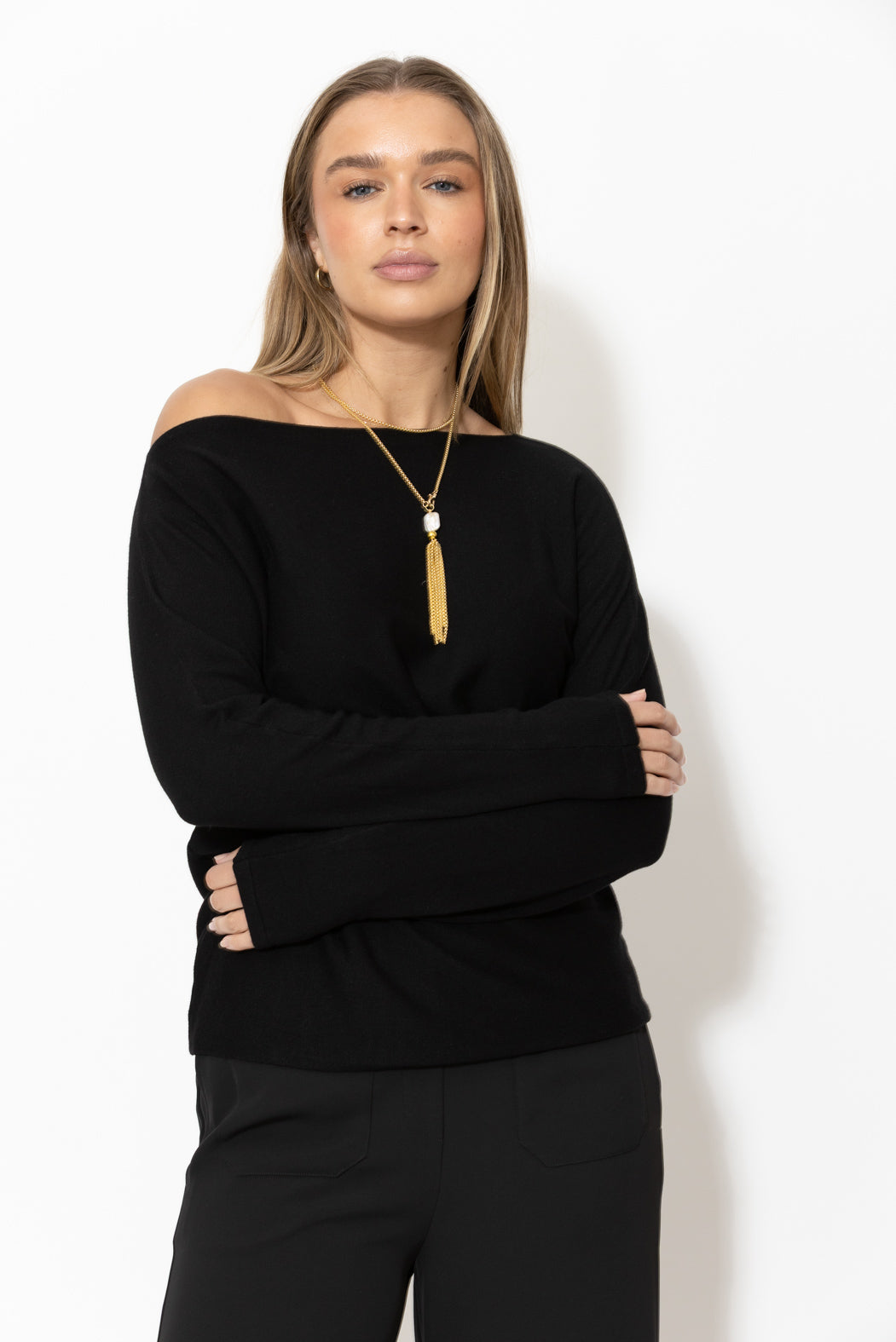 Black Fine Knit Boat Neck Top