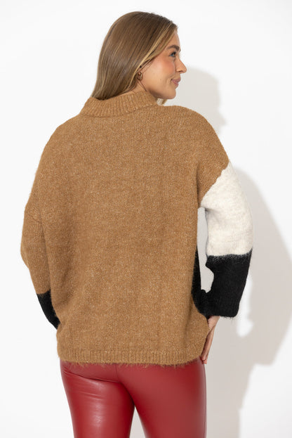 Camel Fluffy Patchwork Jumper