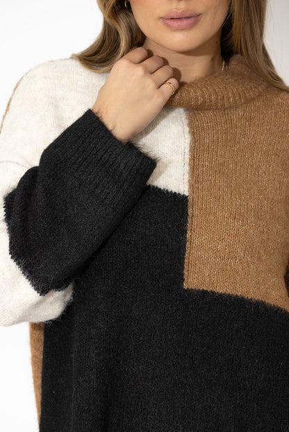Camel Fluffy Patchwork Jumper