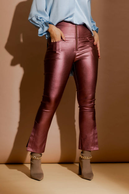 Burgundy Metalic Zip Pant