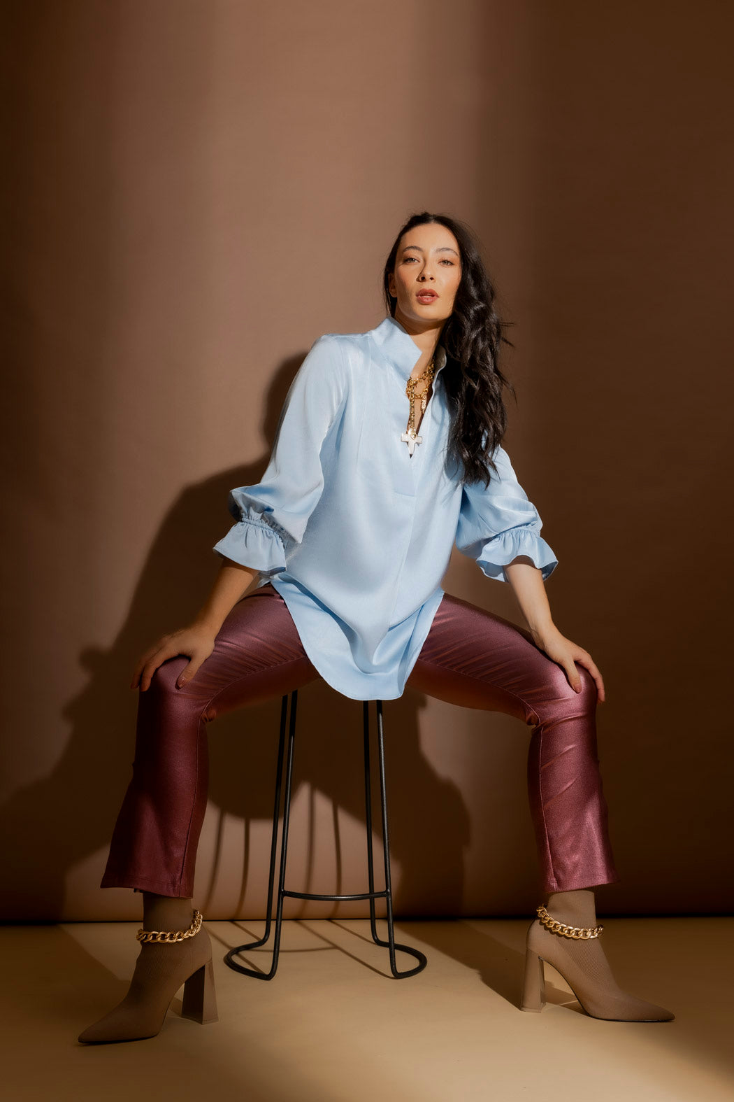 Burgundy Metalic Zip Pant