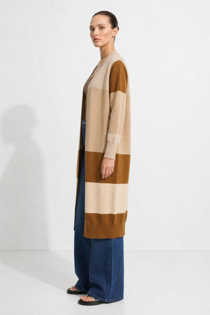 Beige Longline Block Cardi