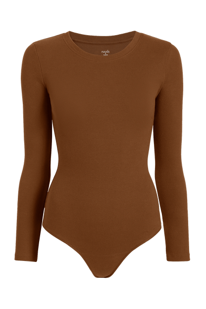 Long Sleeve Ribbed Crewneck Bodysuit | Chocolate
