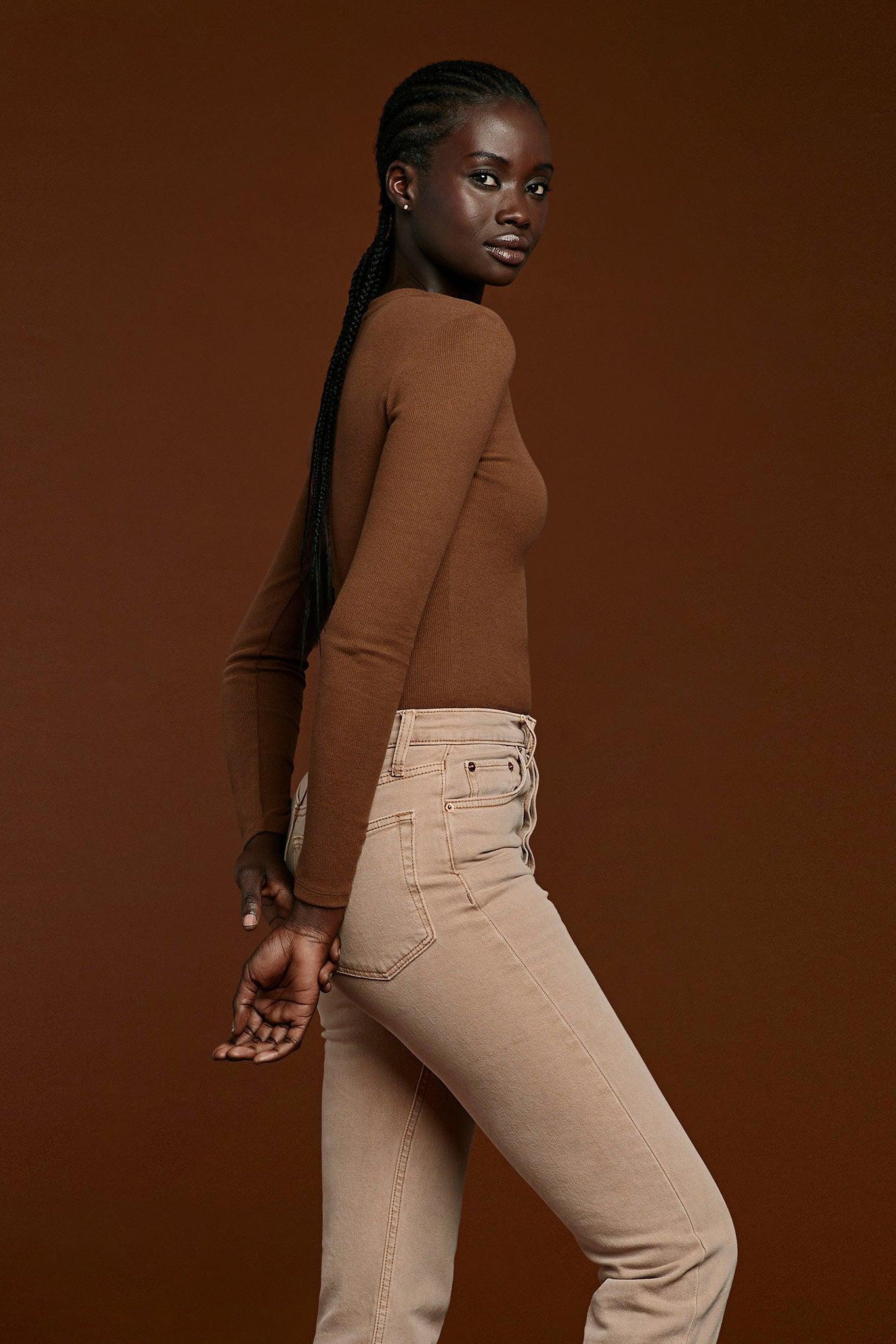 Long Sleeve Ribbed Crewneck Bodysuit | Chocolate