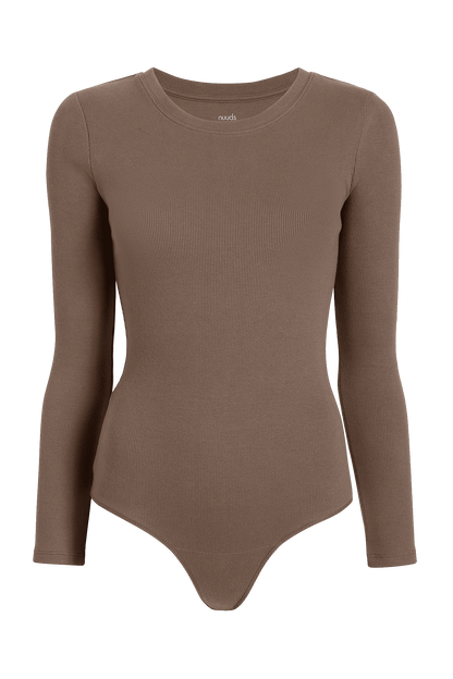 Long Sleeve Ribbed Crewneck Bodysuit | Mocha