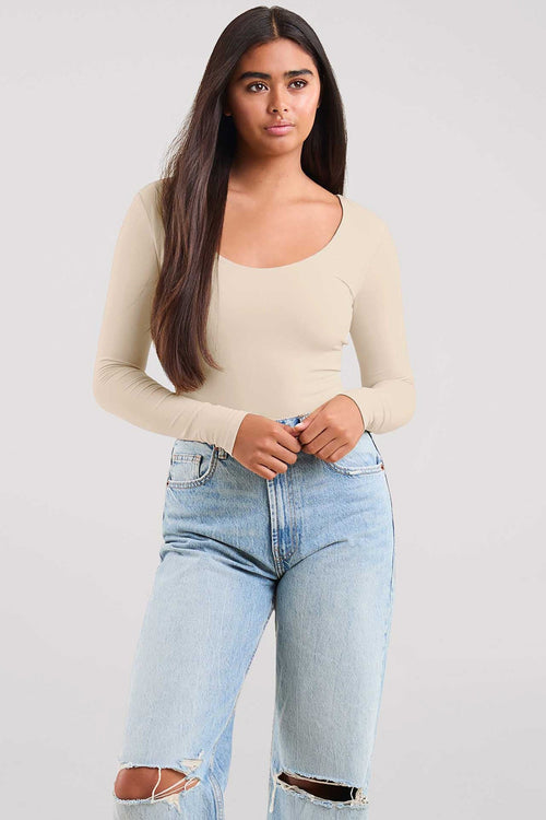 Long Sleeve Scoop Neck Bodysuit | Bone
