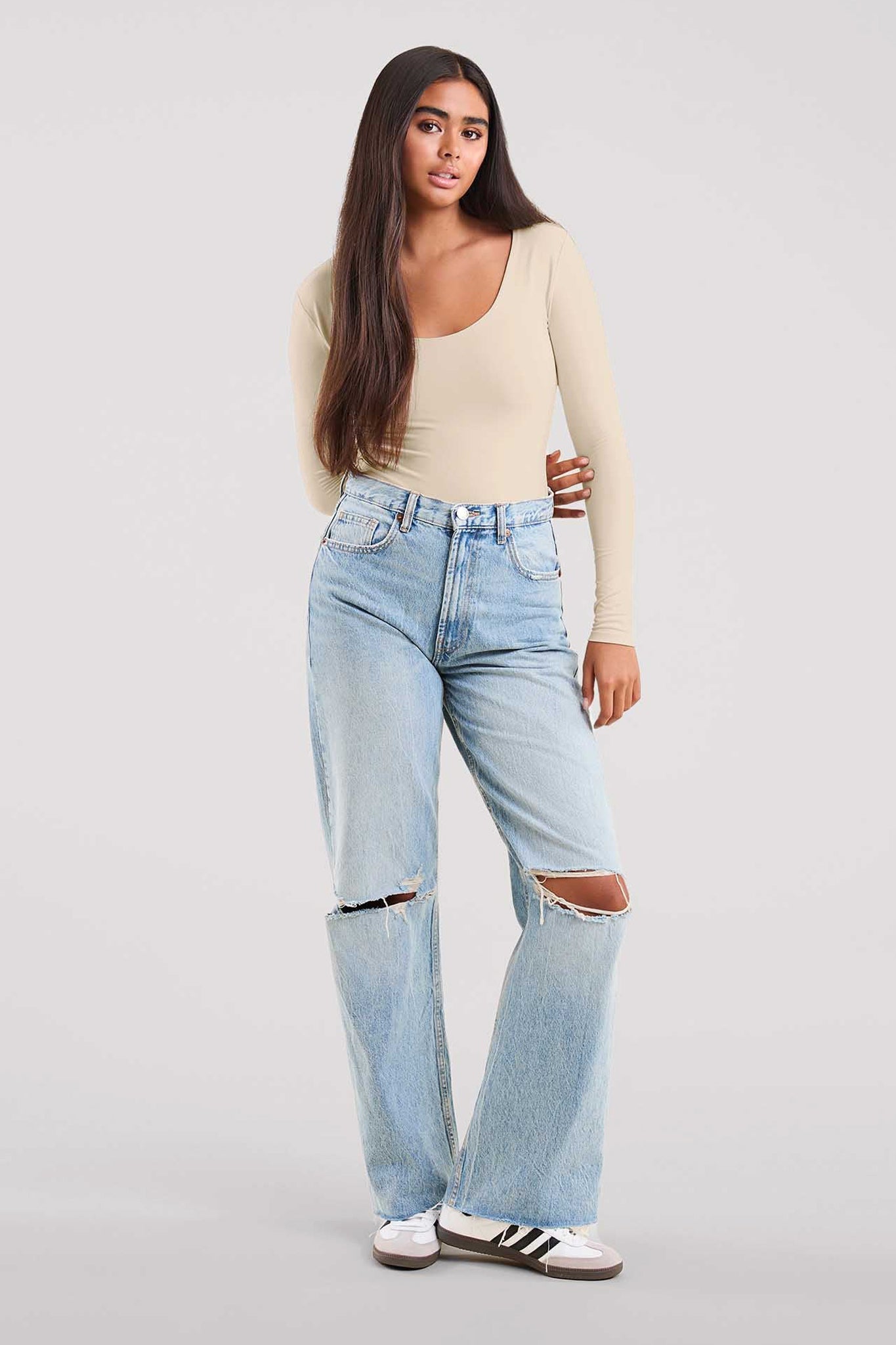 Long Sleeve Scoop Neck Bodysuit | Bone