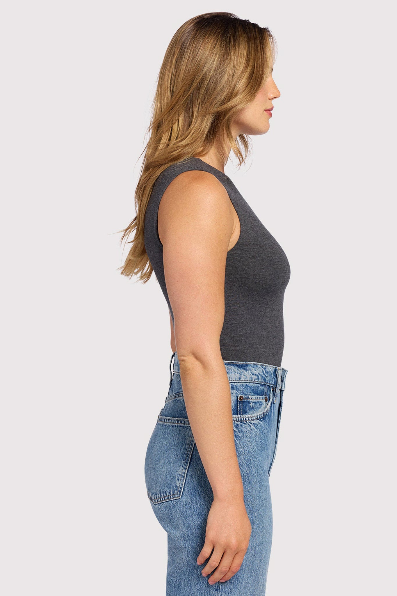 Cotton Stretch Classic Crewneck Tank Bodysuit | Heather Charcoal