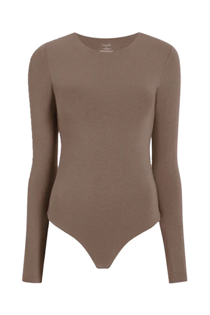Cotton Stretch Long Sleeve Crewneck Bodysuit | Mocha
