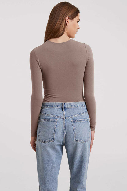 Cotton Stretch Long Sleeve Crewneck Bodysuit | Mocha