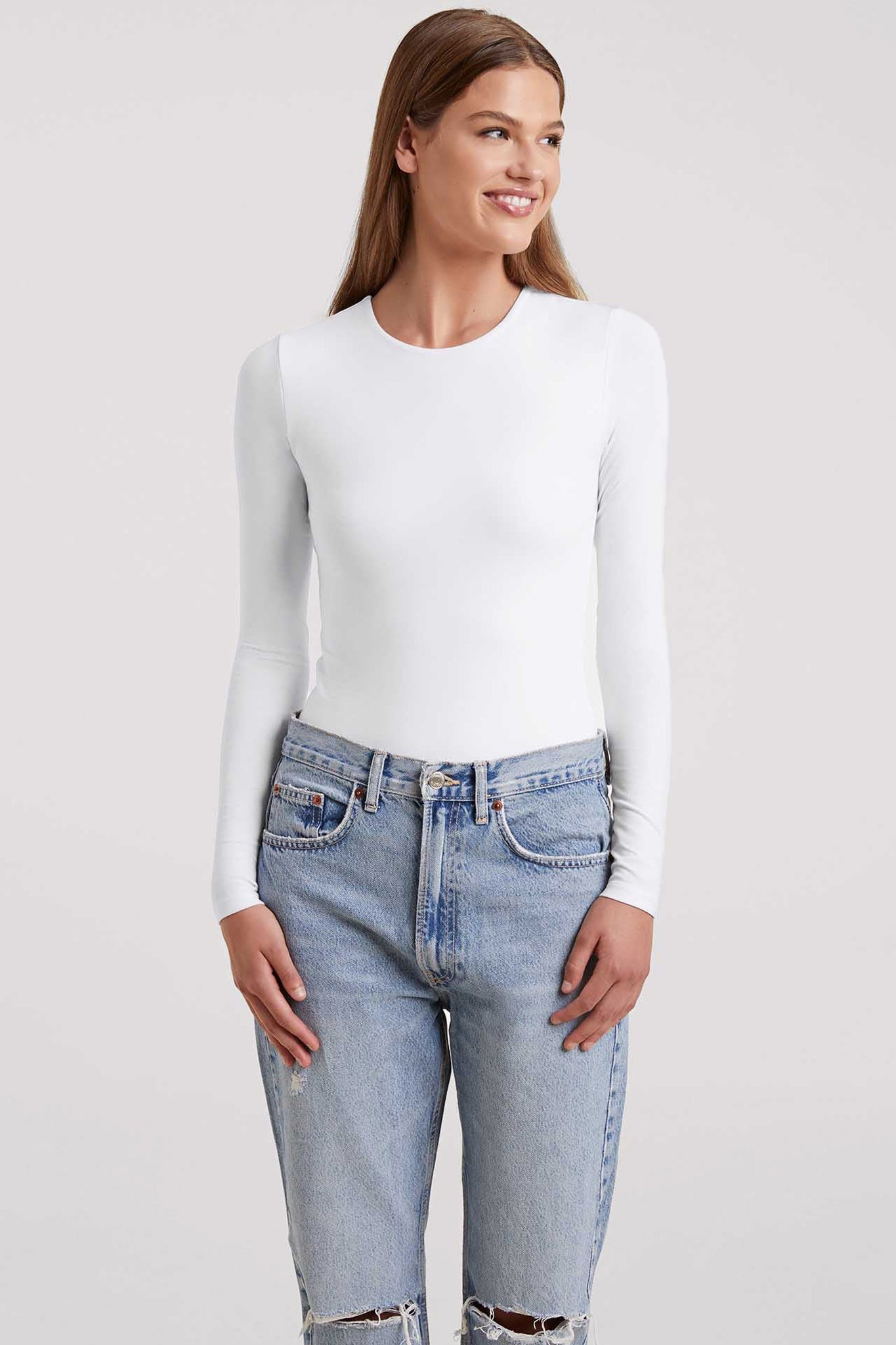 Cotton Stretch Long Sleeve Crewneck Bodysuit | White