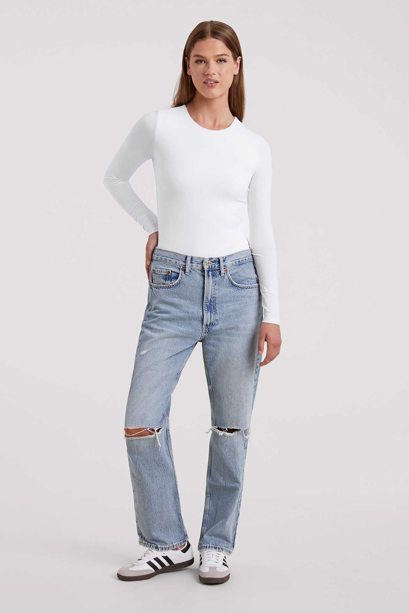 Cotton Stretch Long Sleeve Crewneck Bodysuit | White