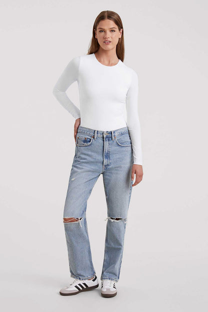 Cotton Stretch Long Sleeve Crewneck Bodysuit | White