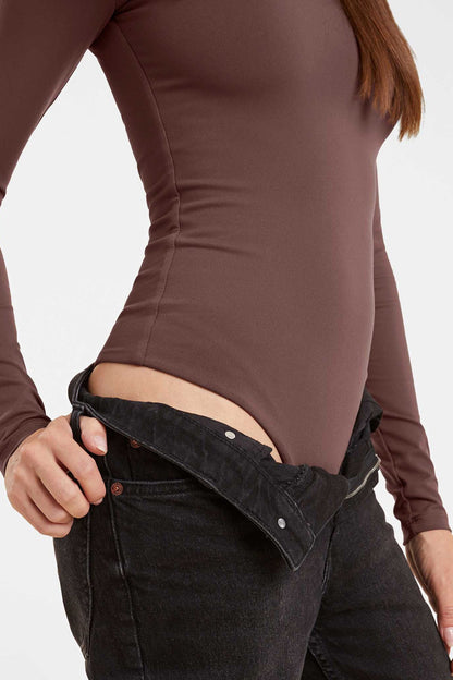 Long Sleeve Wide Square Neck Bodysuit | Coffee