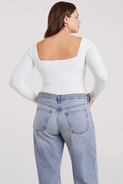 Long Sleeve Wide Square Neck Bodysuit | White