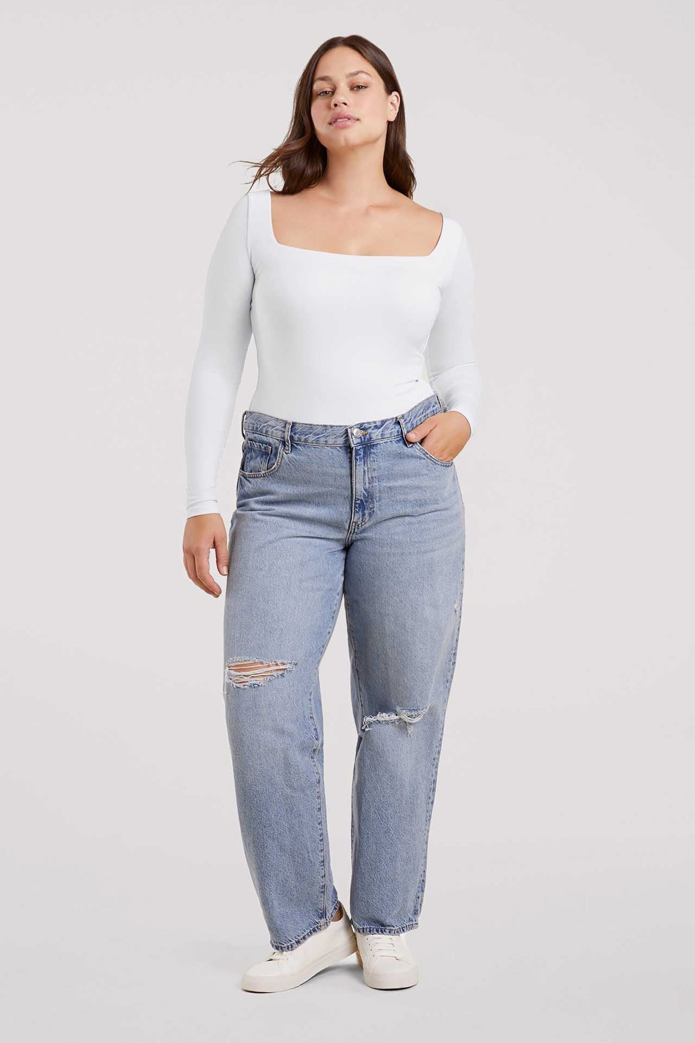 Long Sleeve Wide Square Neck Bodysuit | White