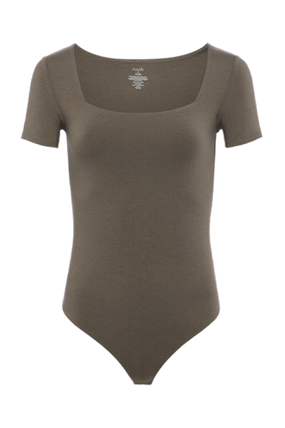 Cotton Stretch Short Sleeve Square Neck Bodysuit | Mocha