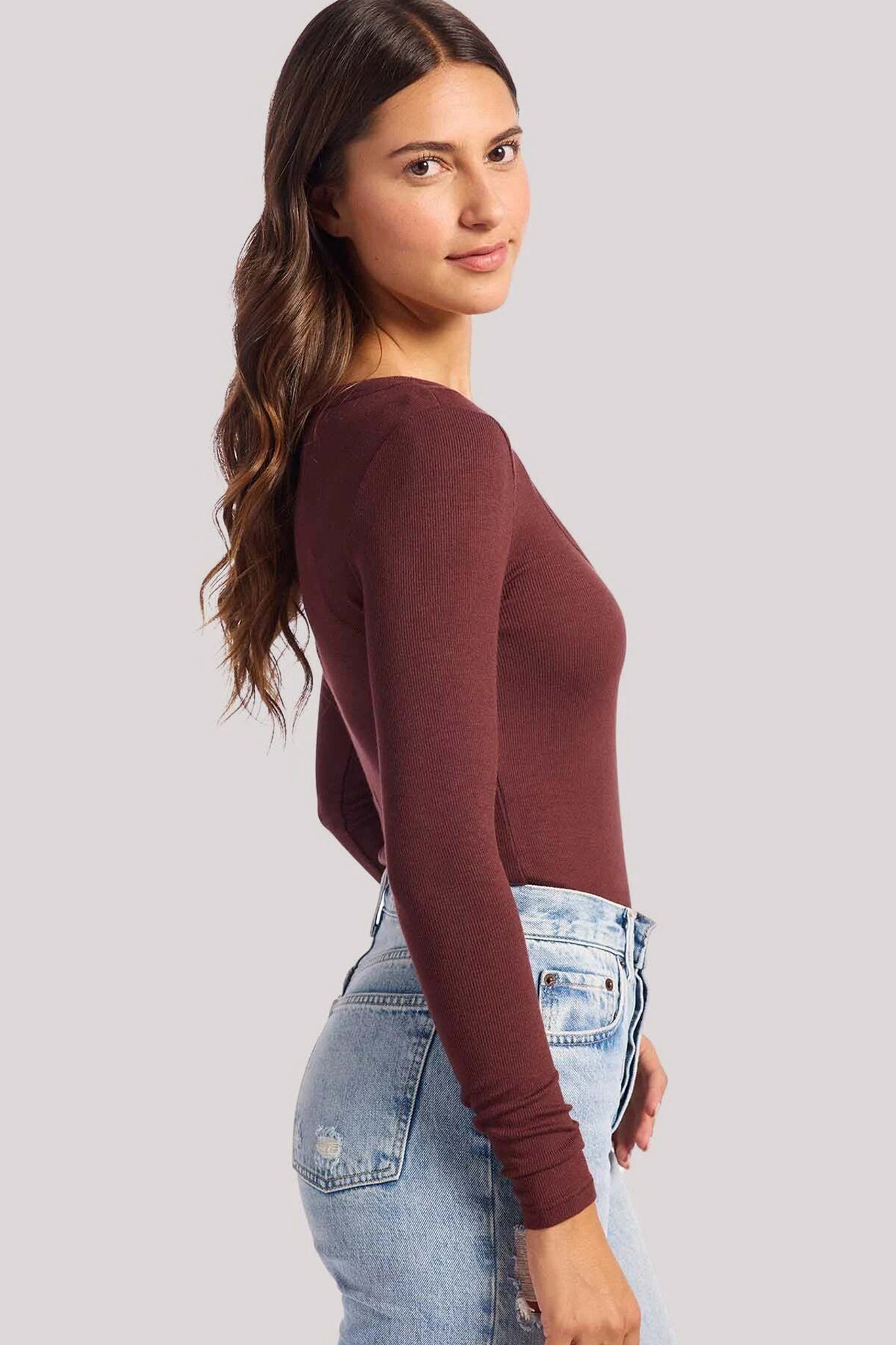 Slinky Rib Long Sleeve Bodysuit | Black Cherry