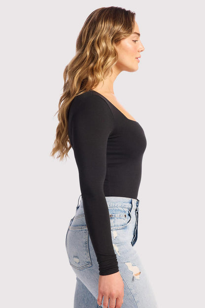 Cotton Stretch Long Sleeve Square Neck Bodysuit | Black