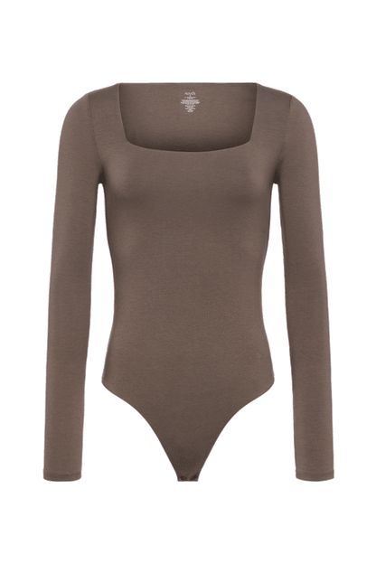 Cotton Stretch Long Sleeve Square Neck Bodysuit | Mocha