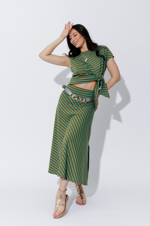 Aqua/Khaki Stripe Roll Top Skirt