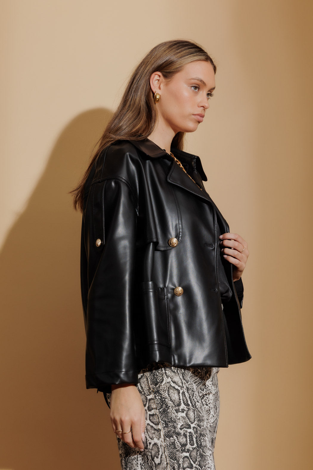 Black Faux Leather Crop Trench