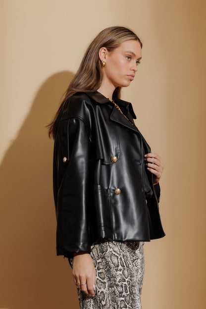 Black Faux Leather Crop Trench