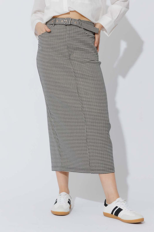 Black/White Lurex Belted Midi Skirt