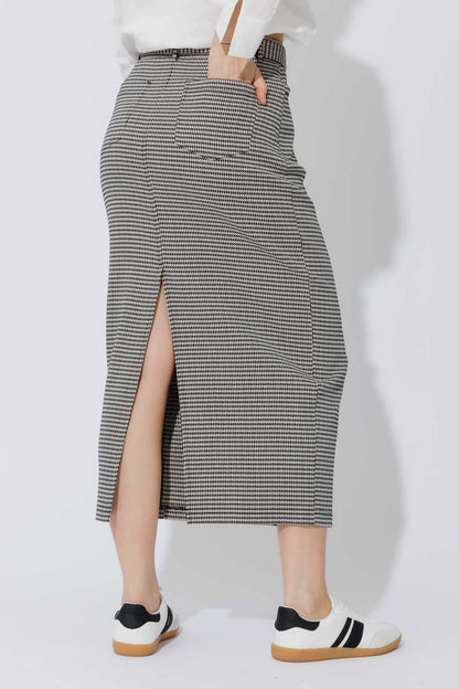 Black/White Lurex Belted Midi Skirt