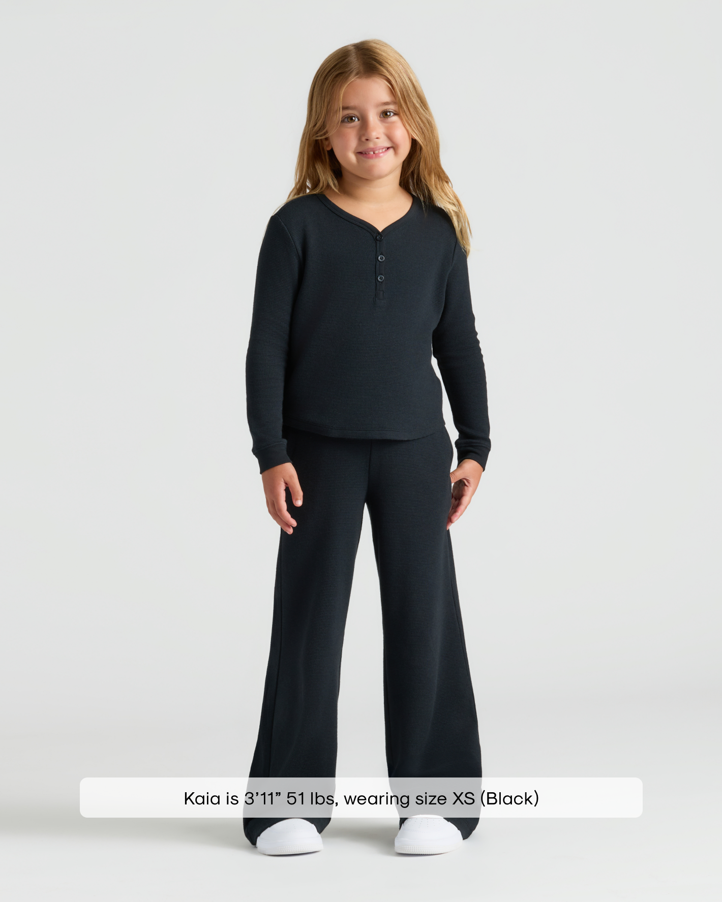 Girls Black Long Sleeve Boxy Waffle Henley