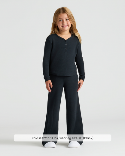 Girls Black Long Sleeve Boxy Waffle Henley