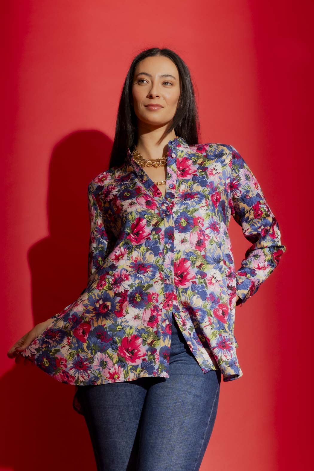 Blue Floral Stand Collar Shirt Blue Floral
