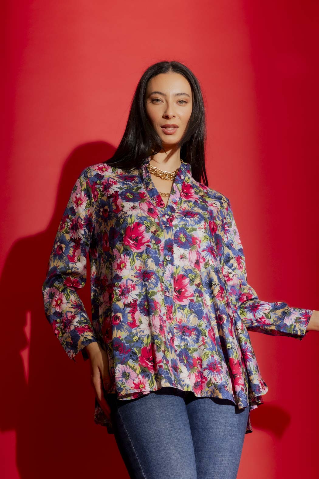 Blue Floral Stand Collar Shirt Blue Floral