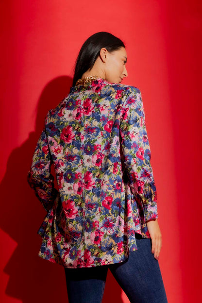 Blue Floral Stand Collar Shirt Blue Floral