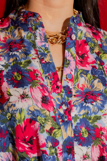 Blue Floral Stand Collar Shirt Blue Floral