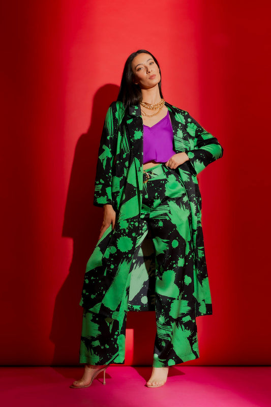 Black/Green Print Trench Coat