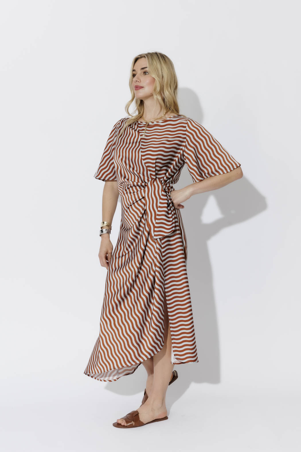 Blue/Tan Glow Fluted Harlow Dress