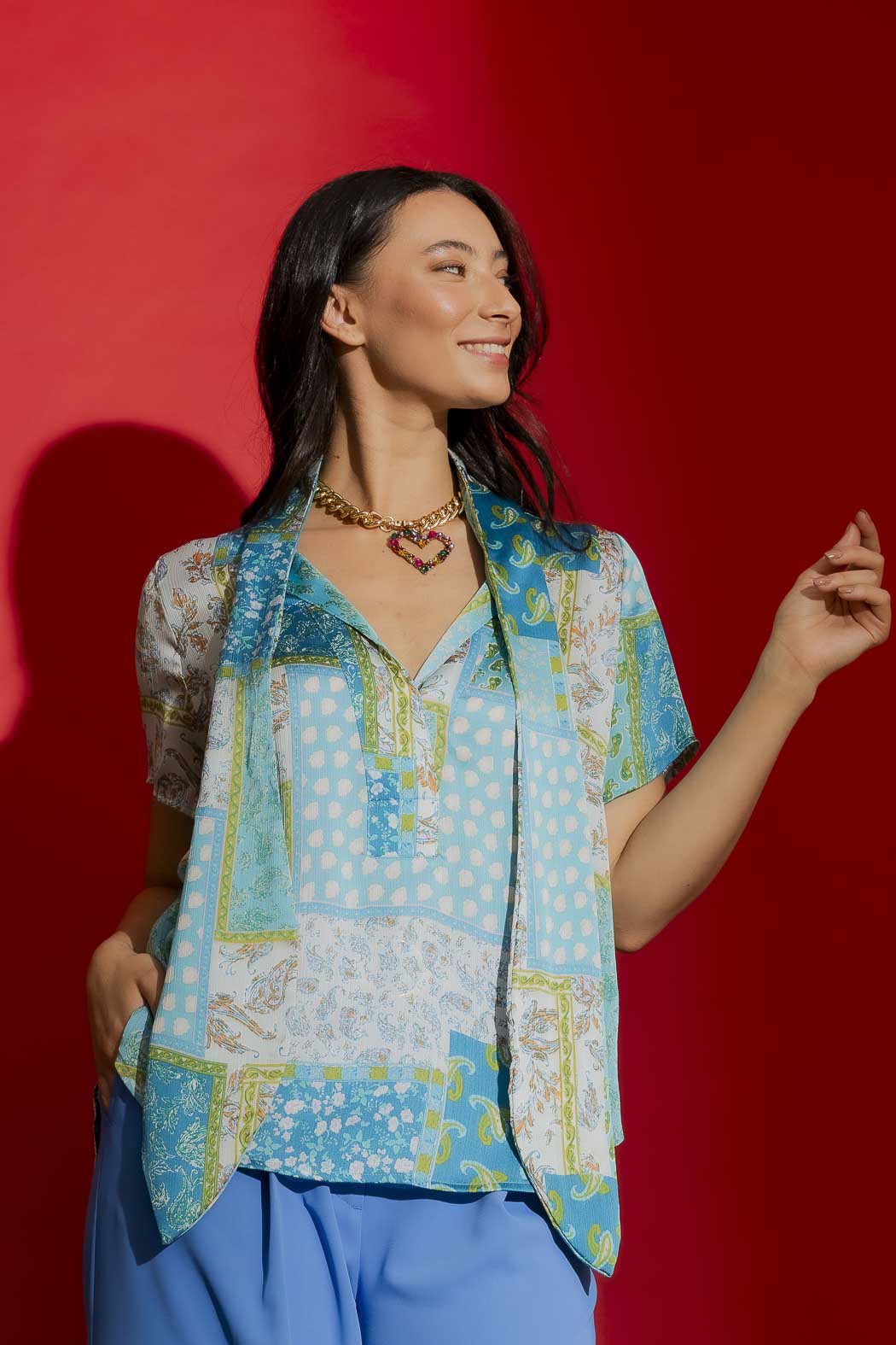 Blue Paisley Tie Collar Cap Sleeve Top Blue Paisley