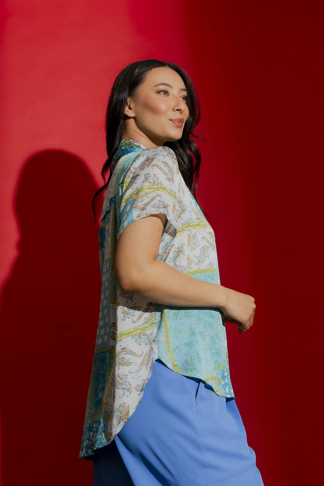 Blue Paisley Tie Collar Cap Sleeve Top Blue Paisley