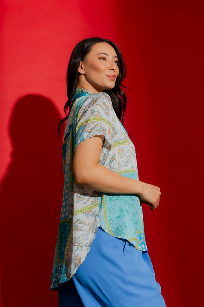 Blue Paisley Tie Collar Cap Sleeve Top Blue Paisley