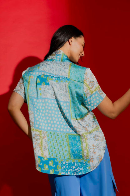 Blue Paisley Tie Collar Cap Sleeve Top Blue Paisley