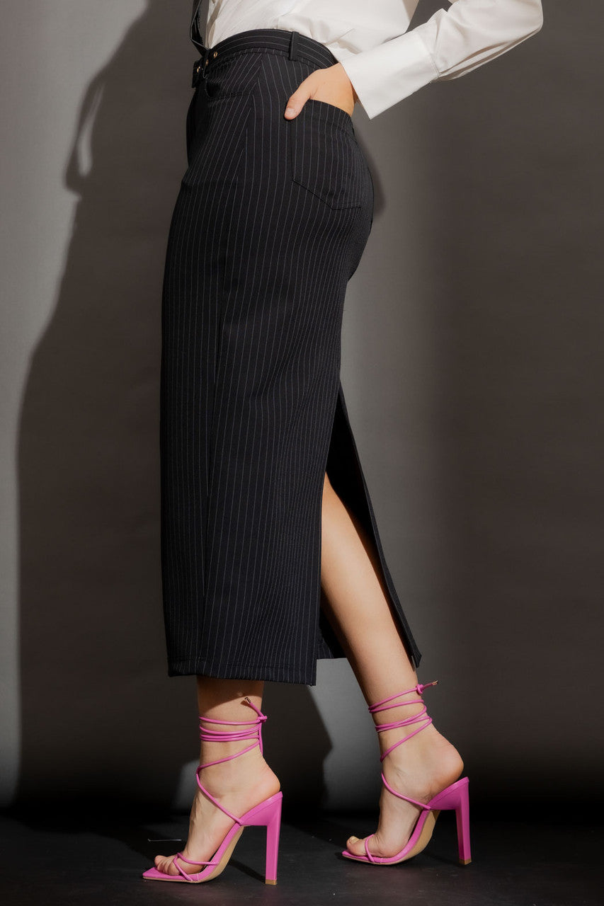 Black Stripe Belted Skirt Black Stripe